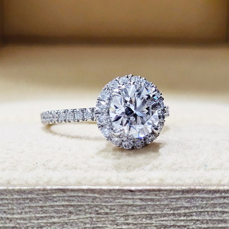 14K Gold Lab Grown Diamond CVD 1.5CT Round-Cut Halo Pave Band Engagement Ring