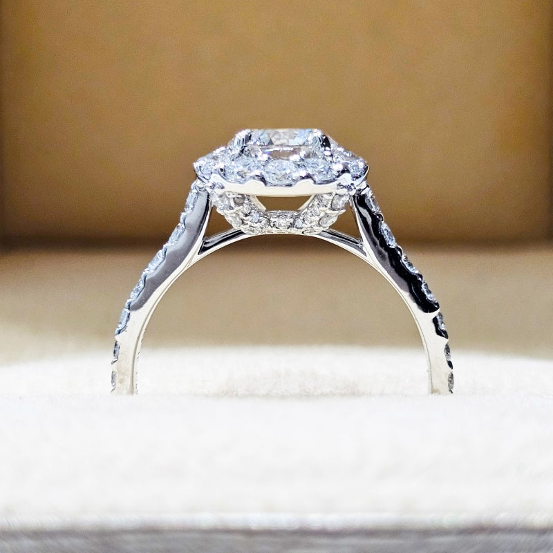 14K Gold Lab Grown Diamond CVD 1.5CT Round-Cut Halo Pave Band Engagement Ring