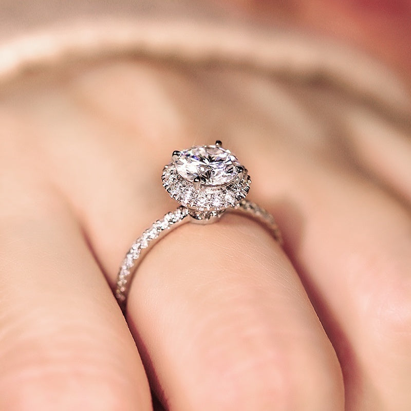 10K Gold Lab Grown Diamond CVD 1CT Round-Cut Halo Pave Band Engagement Ring