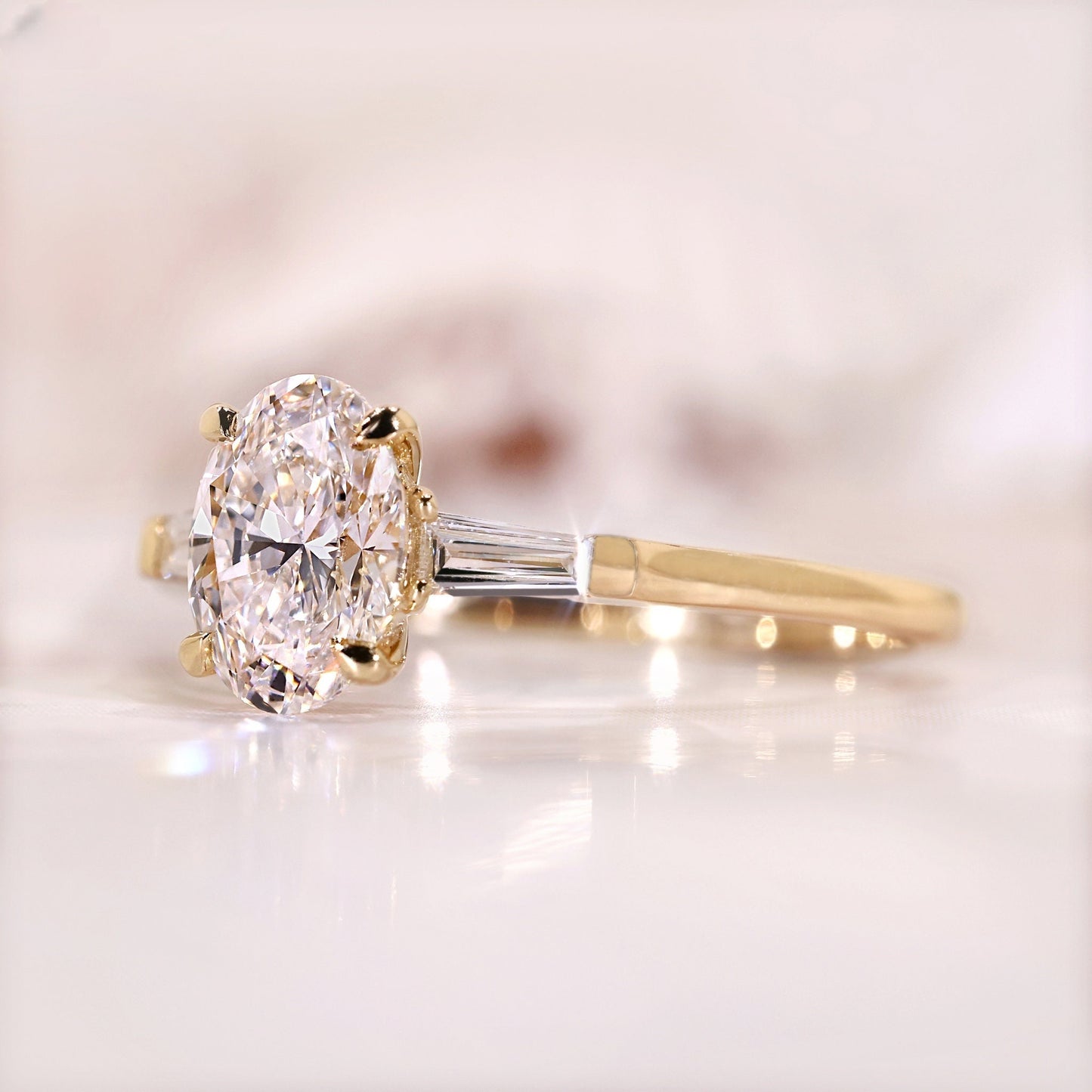 10K Gold Lab Grown Diamond CVD 2CT Oval-Cut Three Stone Baguette Engagement Ring