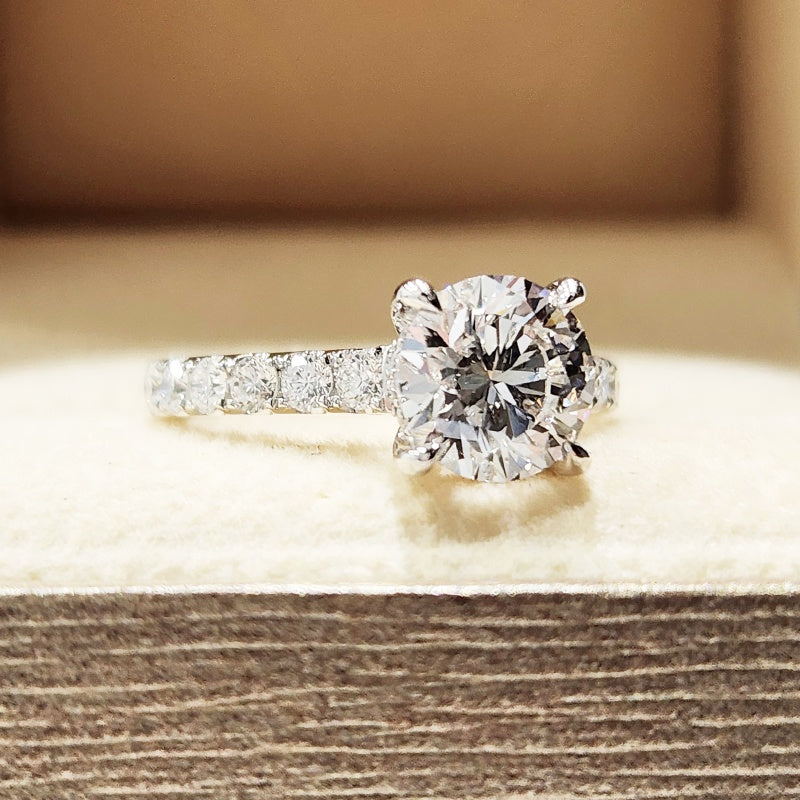 14K Gold Lab Grown Diamond CVD 3CT Round-Cut Four Prong Setting Pave Band Engagement Ring