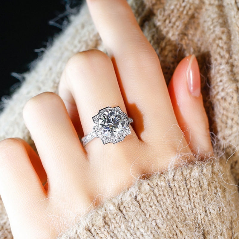 14K Gold Lab Grown Diamond CVD 1.5CT Round-Cut Octagonal Halo Art Deco Anniversary Ring