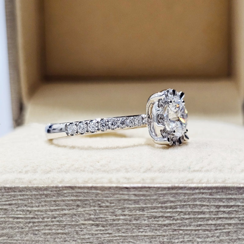 10K Gold Lab Grown Diamond CVD 1.5CT Round-Cut Four Prong Halo Pave Engagement Ring