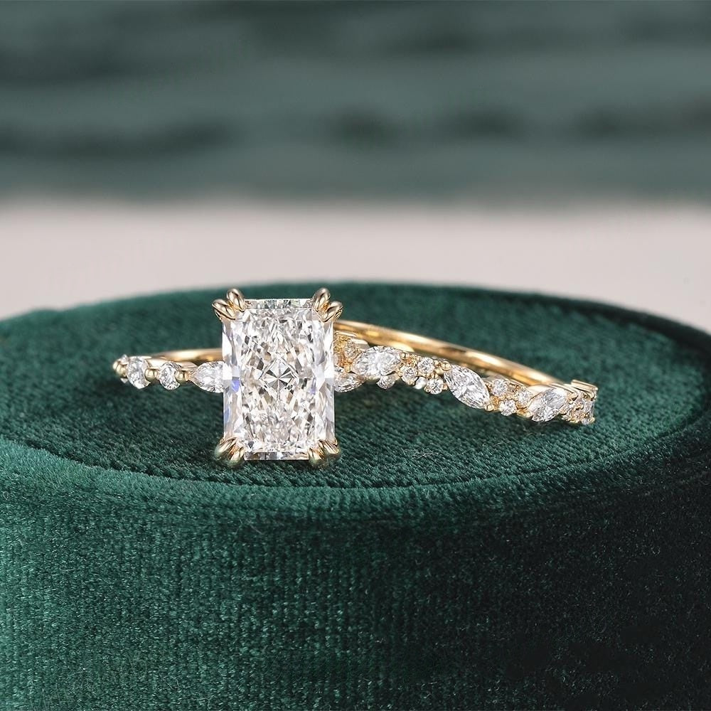 14K Gold Lab Grown Diamond CVD 3CT Radiant-Cut Unique Marquise Double Prongs Wedding Ring Set