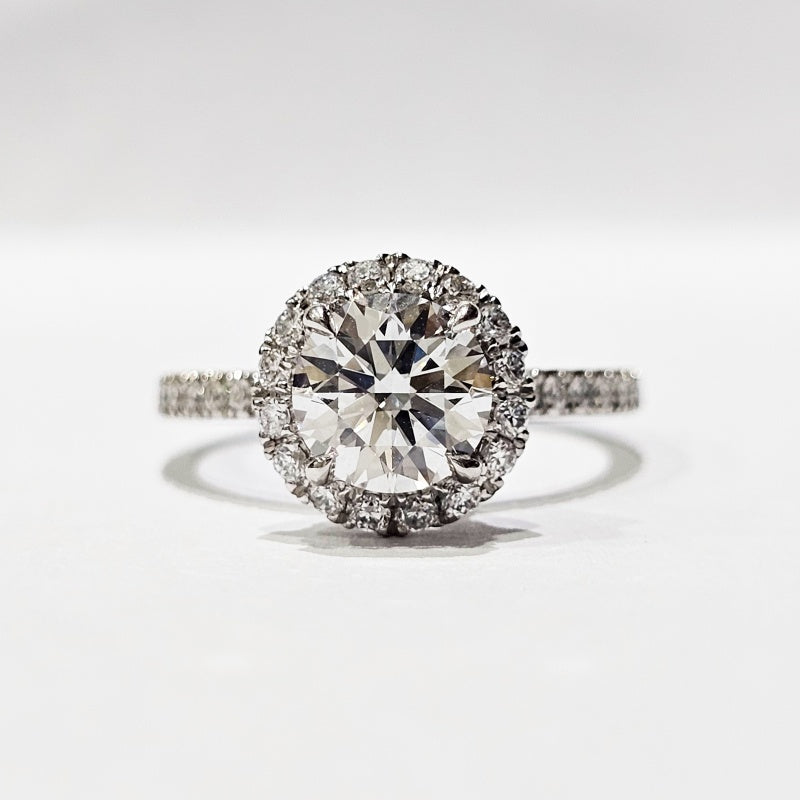14K Gold Lab Grown Diamond CVD 1.5CT Round-Cut Halo Pave Band Engagement Ring