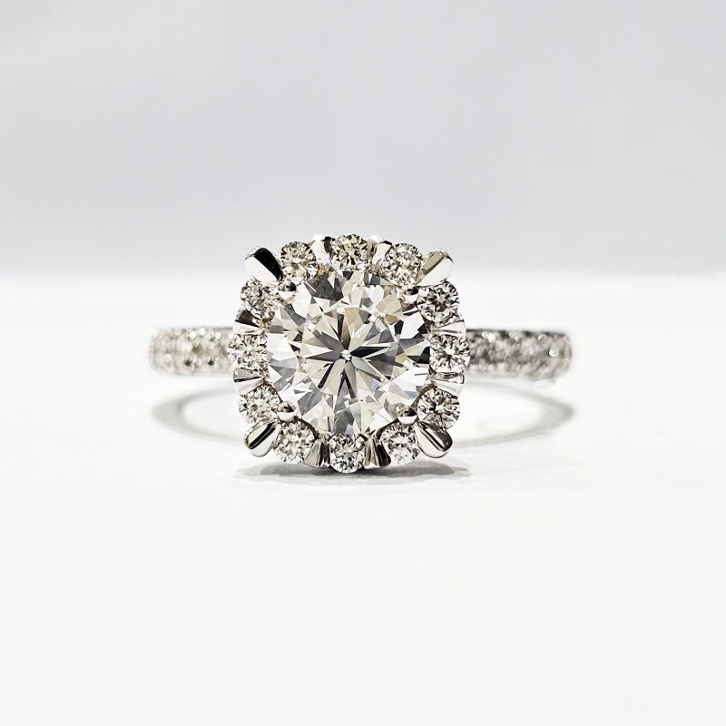 10K Gold Lab Grown Diamond CVD 1.5CT Round-Cut Four Prong Halo Pave Engagement Ring