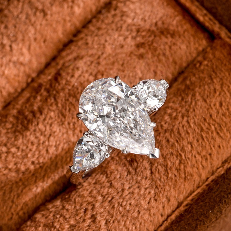 14K Gold Lab Grown Diamond CVD 2CT Pear-Cut Three Stone Bridal Luxury Engagement Ring
