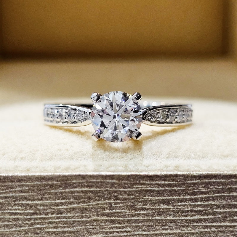14K Gold Lab Grown Diamond CVD 1.5CT Round-Cut Tapered Pave Four Prong Setting Engagement Ring