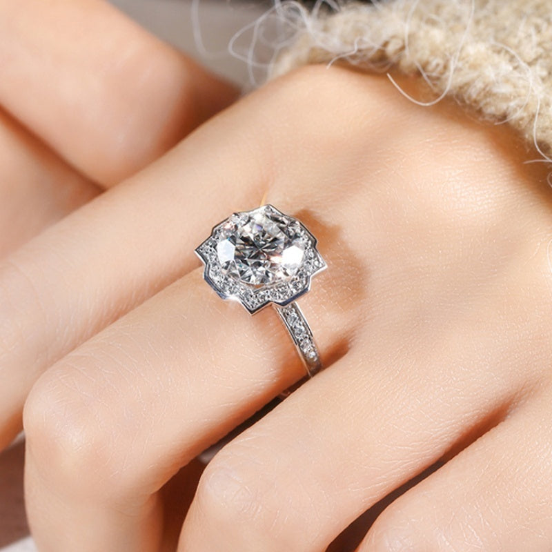 14K Gold Lab Grown Diamond CVD 1.5CT Round-Cut Octagonal Halo Art Deco Anniversary Ring