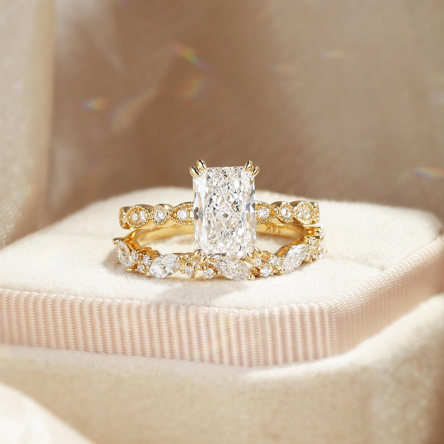 18k Gold Lab Grown Diamond CVD 2CT Radiant-Cut Unique Hidden Halo Art Deco Yellow Gold Marquise Cluster Band Ring
