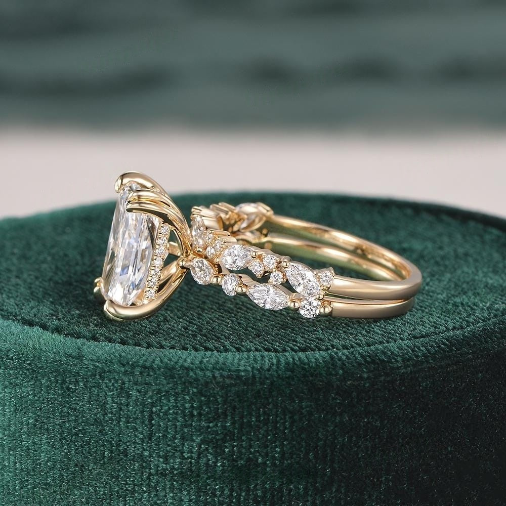 14K Gold Lab Grown Diamond CVD 3CT Radiant-Cut Unique Marquise Double Prongs Wedding Ring Set
