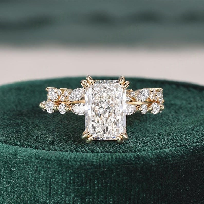 14K Gold Lab Grown Diamond CVD 3CT Radiant-Cut Unique Marquise Double Prongs Wedding Ring Set