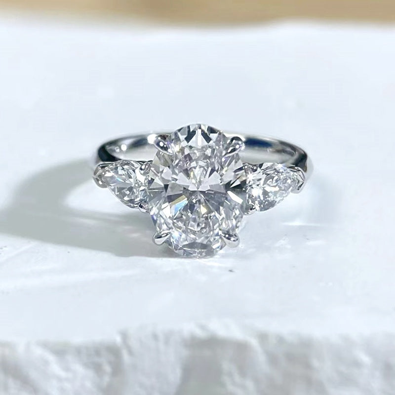 10K Gold Lab Grown Diamond CVD 3CT Oval-Cut Elegant Three Stone Engagement Ring