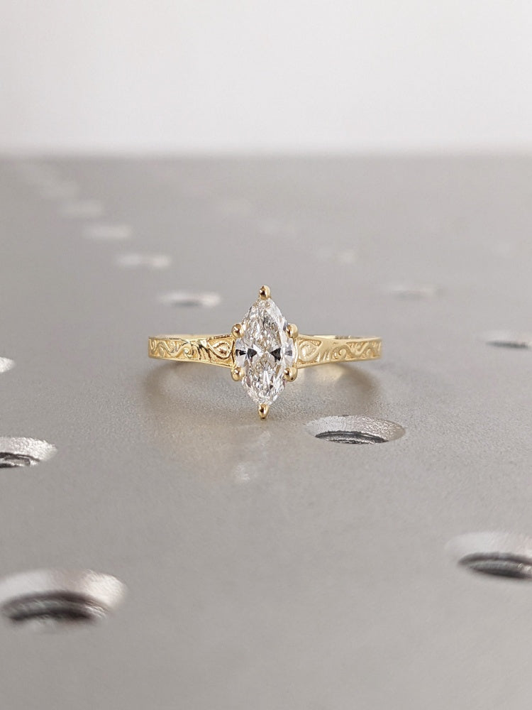 18k Gold Raw Salt and Pepper Diamond 1CT Marquise-Cut Classic Solitaire Engagement Ring