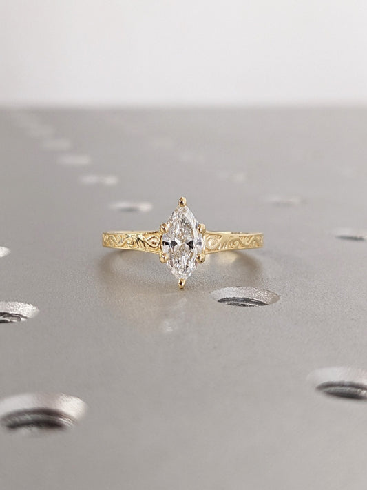 18k Gold Raw Salt and Pepper Diamond 1CT Marquise-Cut Classic Solitaire Engagement Ring