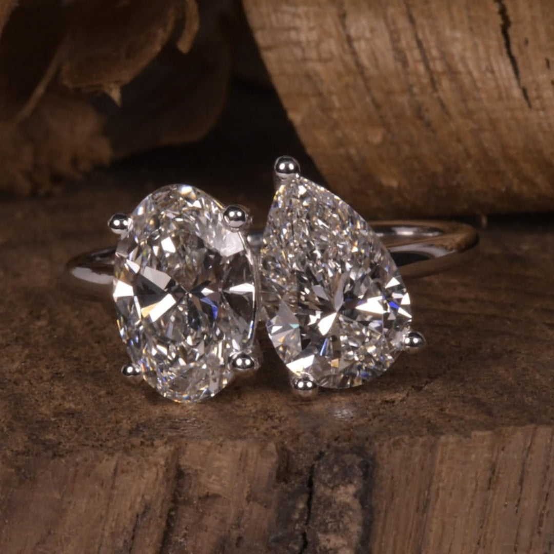 14K Gold Lab Grown Diamond CVD 4CT Ovla and Pear-Cut Toi et Moi Anniversary Ring Valentine’s Gift
