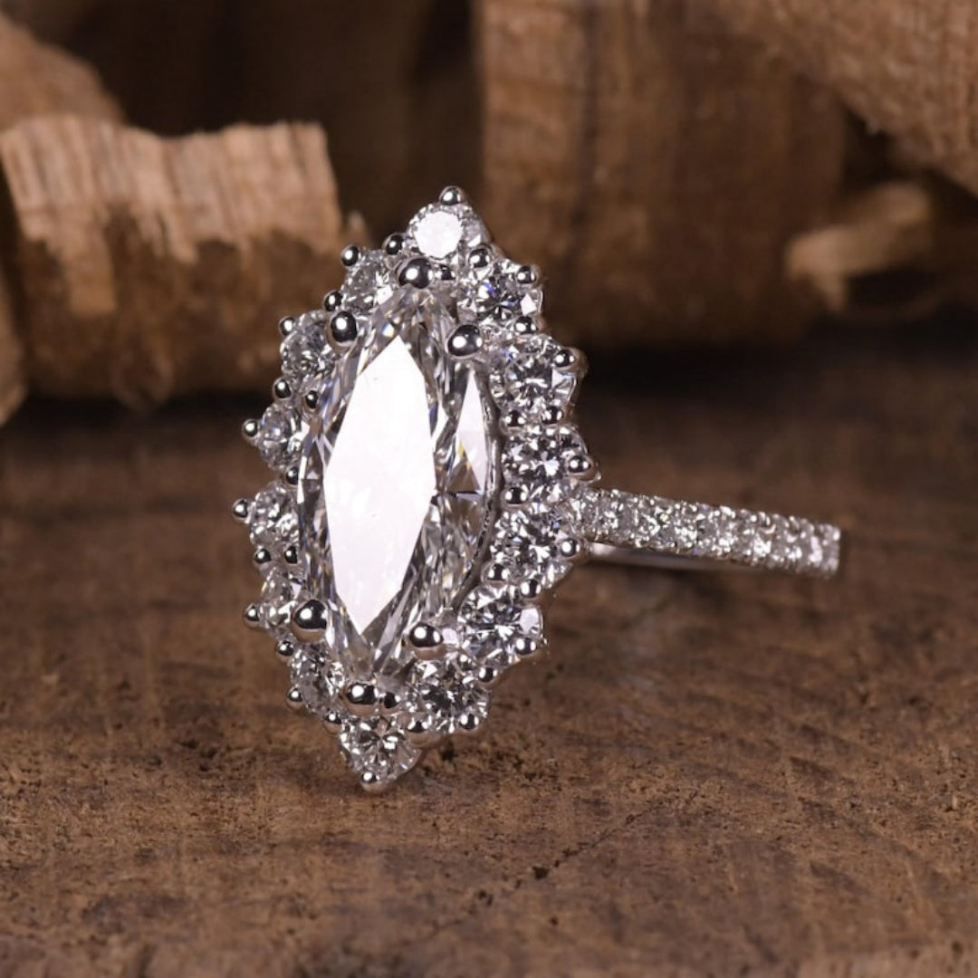 14K Gold Lab Grown Diamond CVD 2CT Marquise-Cut Round Halo Vintage Ring Royal Style