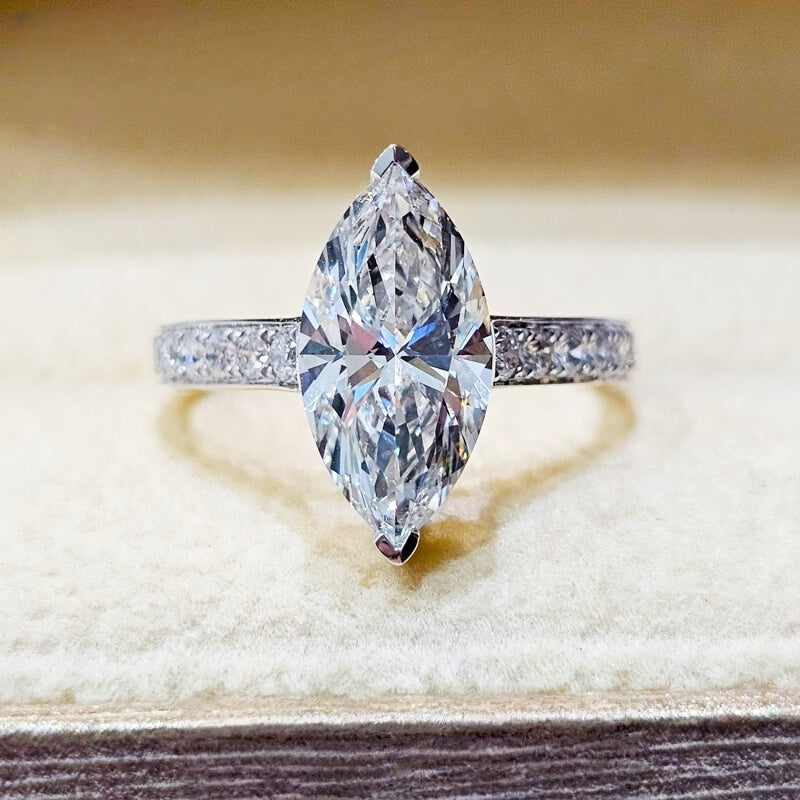 14K Gold Lab Grown Diamond CVD 2CT Marquise-Cut Pave Band Engagement Ring