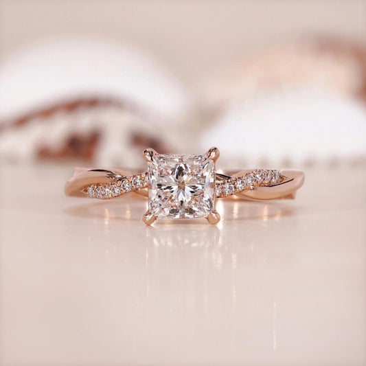 18k Gold Lab Grown Diamond CVD 1CT Princess-Cut Vintage Twist Unique Diamond Pave Promise Ring