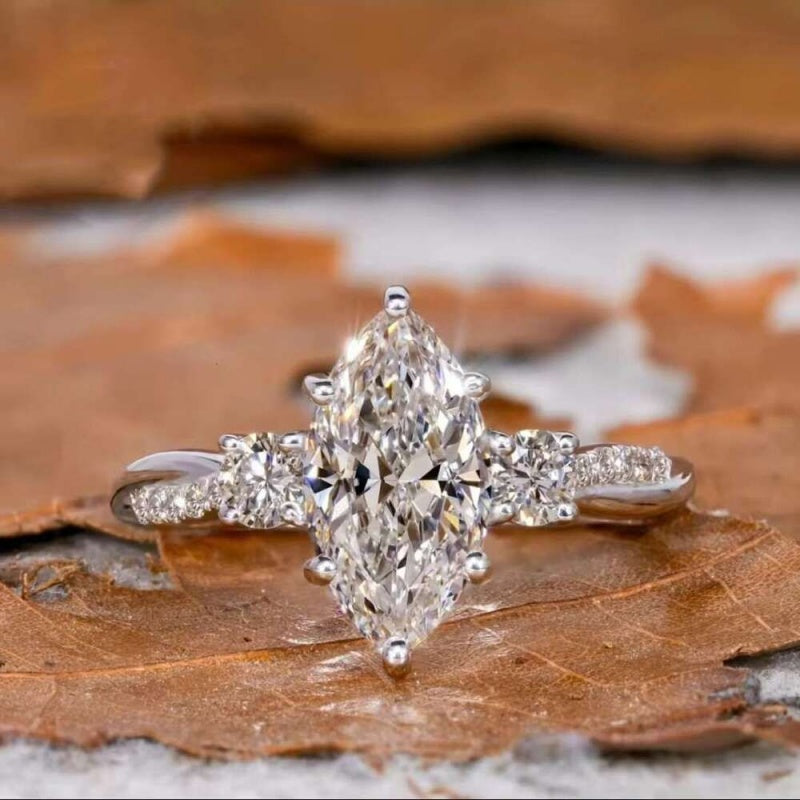 14K Gold Lab Grown Diamond CVD 2CT Marquise-Cut Promise Ring Elegant Statement Gift