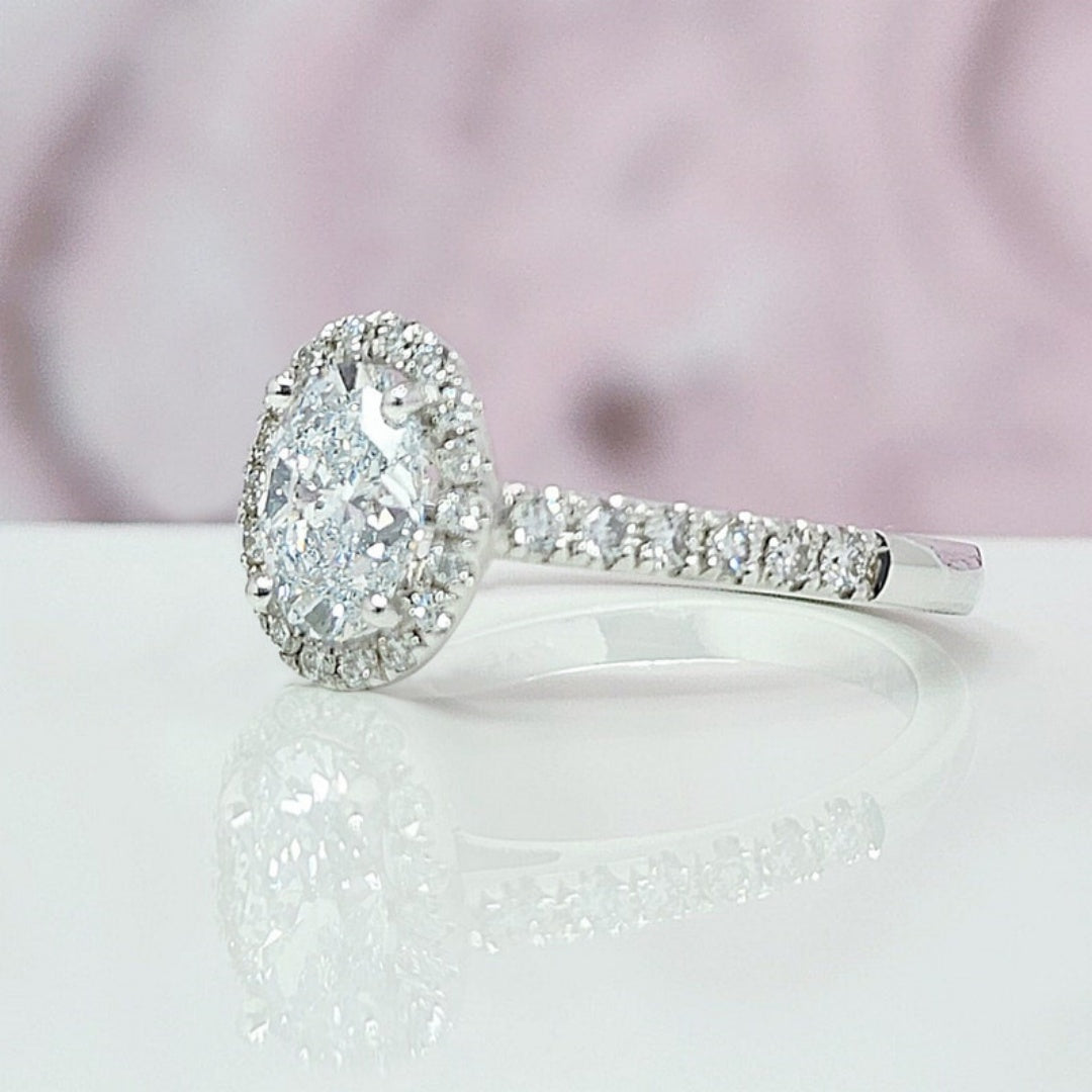 14K Gold Lab Grown Diamond CVD 1CT Oval-Cut Halo Half Eternity Engagement Ring