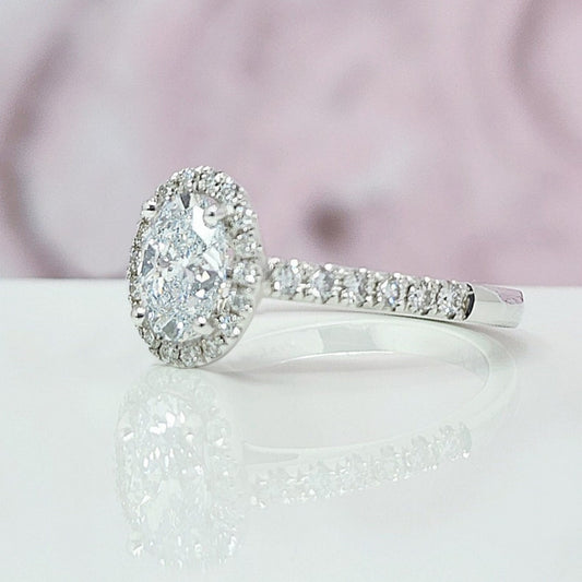14K Gold Lab Grown Diamond CVD 1CT Oval-Cut Halo Half Eternity Engagement Ring