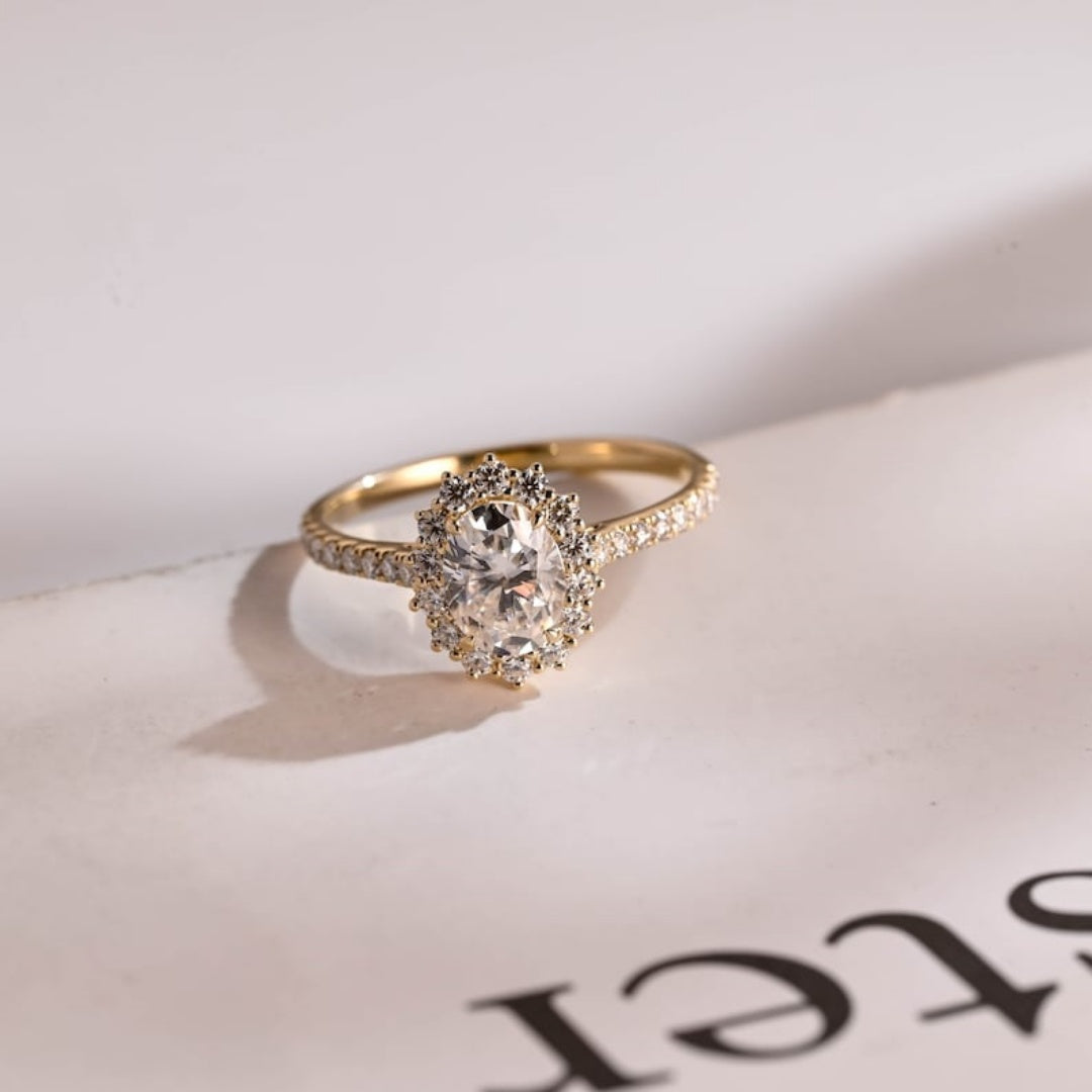 18K Gold Lab Grown Diamond CVD 1.5CT Oval-Cut Floral Halo Half Eternity Engagement Ring