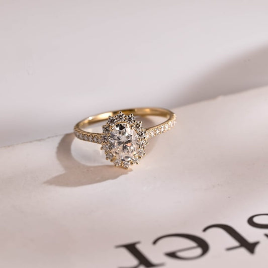 18K Gold Lab Grown Diamond CVD 1.5CT Oval-Cut Floral Halo Half Eternity Engagement Ring
