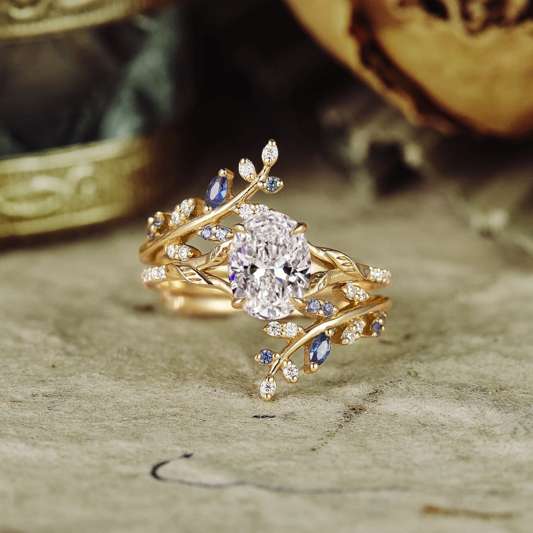 18k Gold Lab Grown Diamond CVD 2CT Oval-Cut Half Eternity Leaf Engagement Ring Set 2pcs