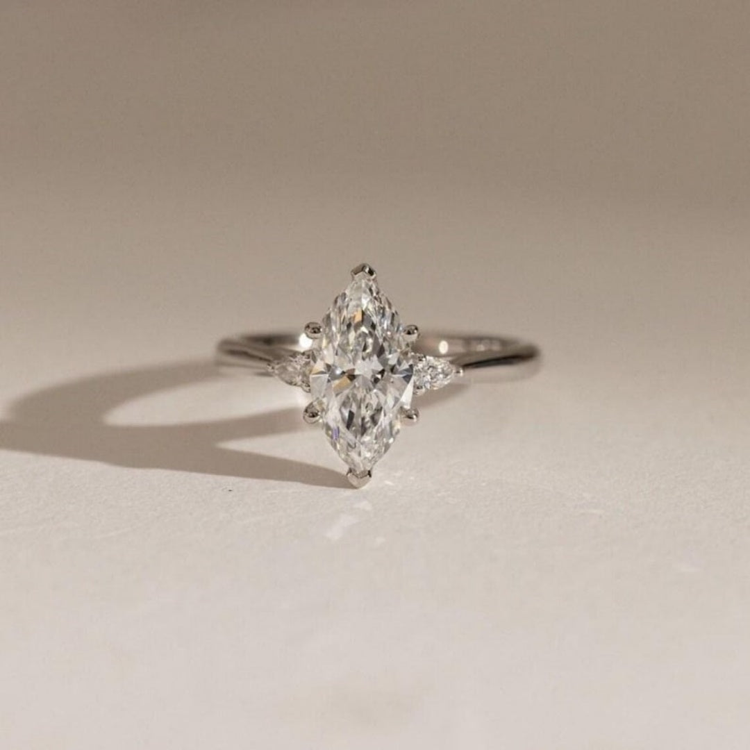 14K Gold Lab Grown Diamond CVD 2CT Marquise-Cut Three Stone Engagement Ring Gift For Her