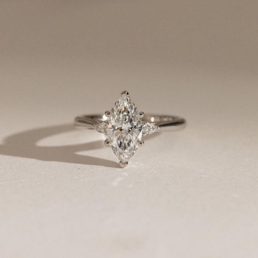 14K Gold Lab Grown Diamond CVD 2CT Marquise-Cut Three Stone Engagement Ring Gift For Her