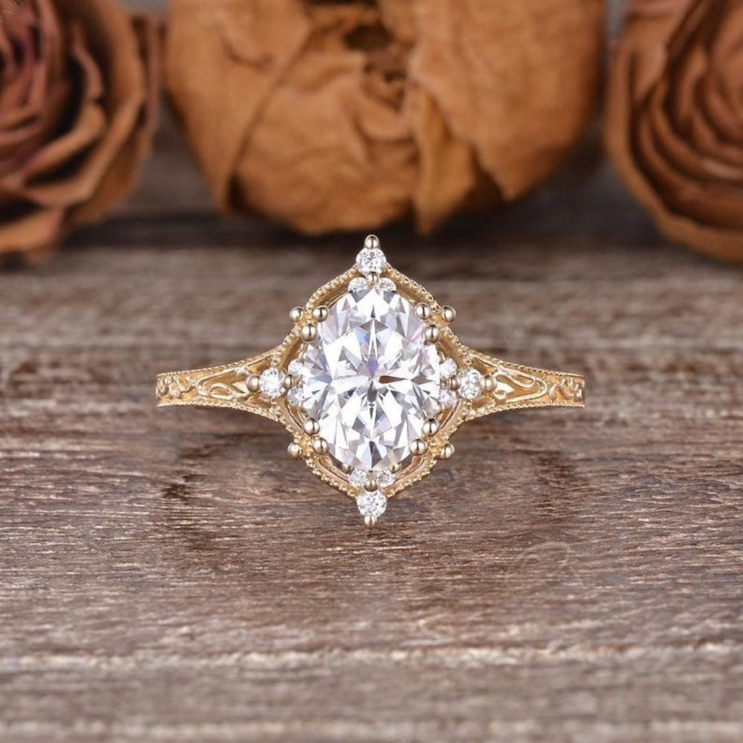 18K Gold Lab Grown Diamond CVD 3CT Oval-Cut Women Floral Vine Art Deco Anniversary Ring