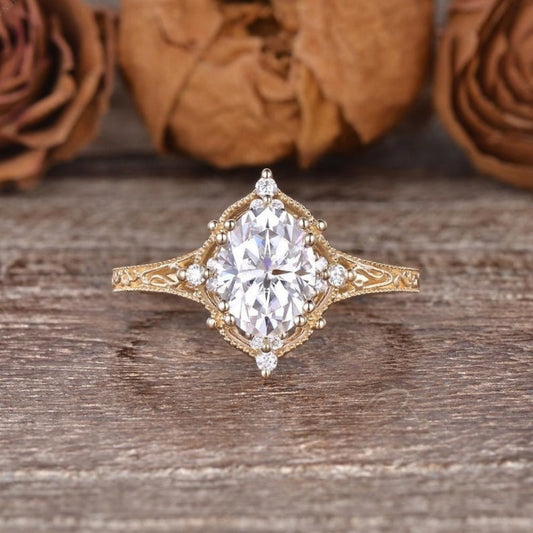 18K Gold Lab Grown Diamond CVD 3CT Oval-Cut Women Floral Vine Art Deco Anniversary Ring