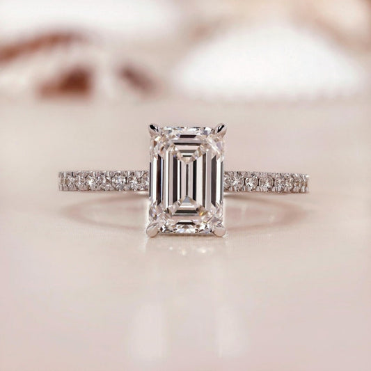 10K Gold Lab Grown Diamond CVD 2CT Emerald-Cut Hidden Halo Pave Band Engagement Ring