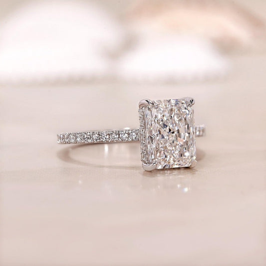 10K Gold Lab Grown Diamond CVD 3CT Radiant-Cut Hidden Halo Pave Promise Ring