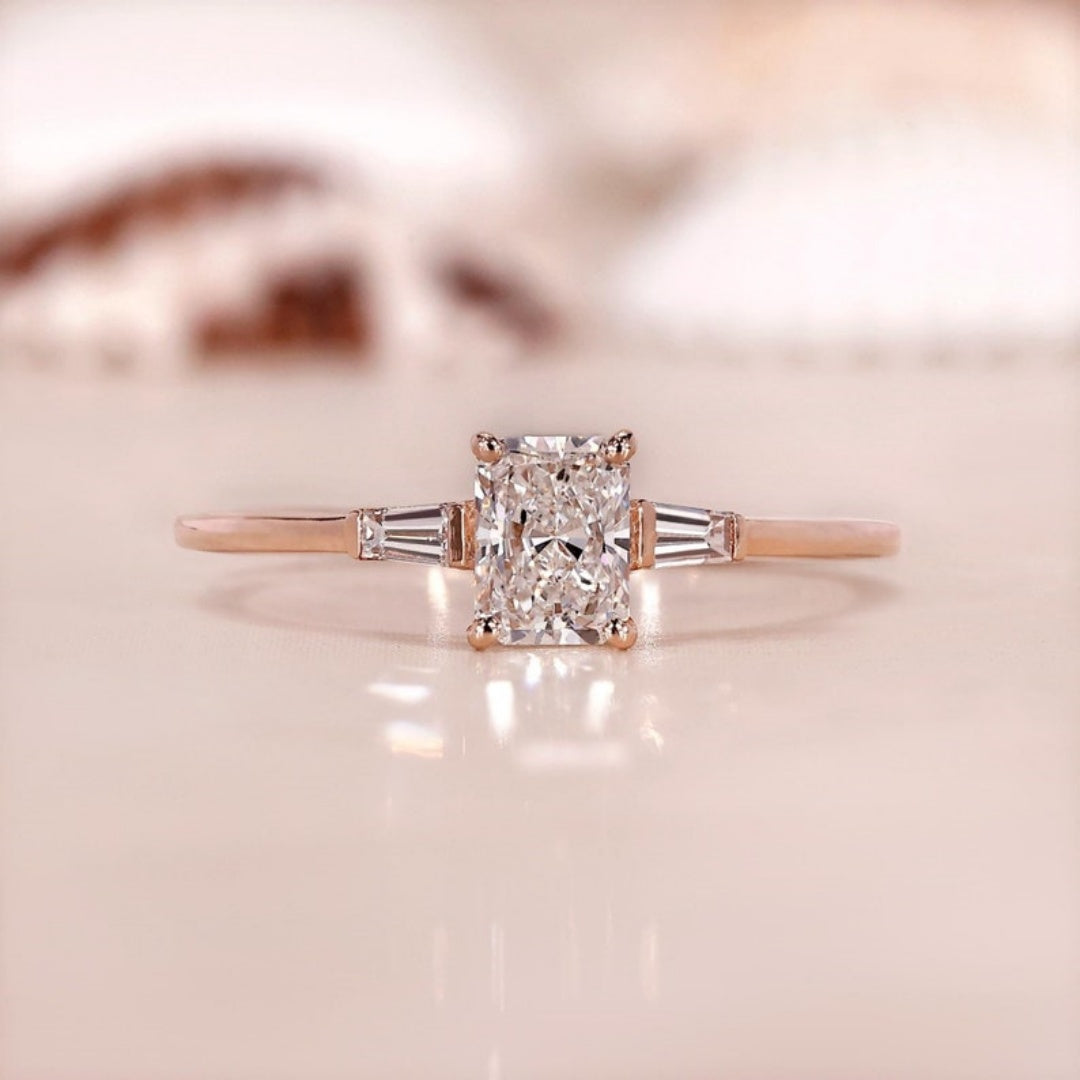 10K Gold Lab Grown Diamond CVD 2CT Radiant-Cut Tapered Baguette Accents Engagement Ring
