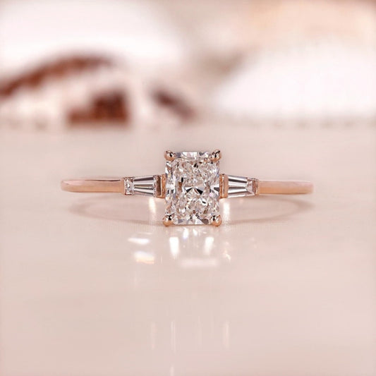 10K Gold Lab Grown Diamond CVD 2CT Radiant-Cut Tapered Baguette Accents Engagement Ring