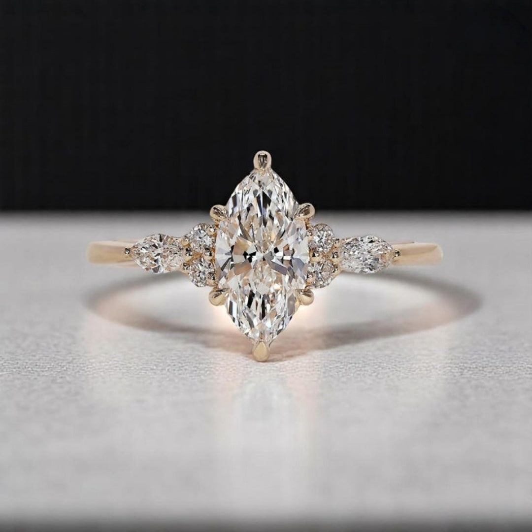 18K Gold Lab Grown Diamond CVD 2CT Marquise-Cut Art Deco Tulip Set Wedding Ring