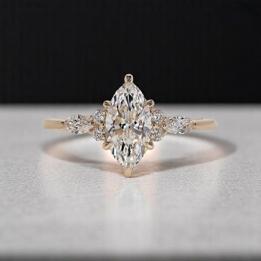 18K Gold Lab Grown Diamond CVD 2CT Marquise-Cut Art Deco Tulip Set Wedding Ring
