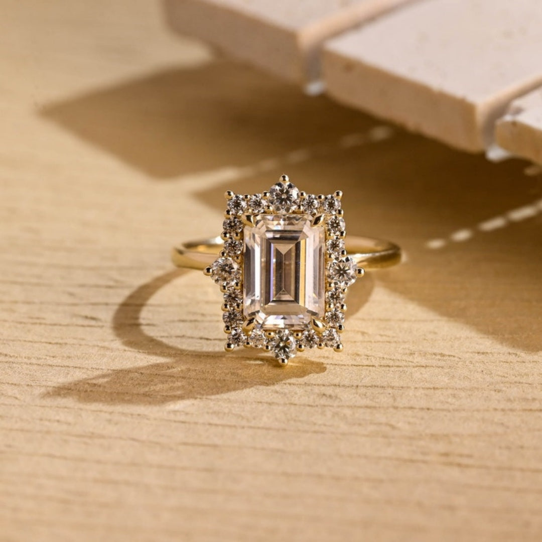 18k Gold Lab Grown Diamond CVD 2CT Emerald-Cut Vintage Halo Floral Proposal Ring