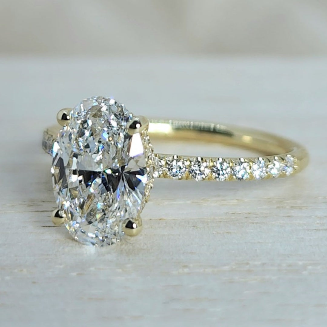 18K Gold Lab Grown Diamond CVD 2CT Oval-Cut Hidden Halo Engagement Ring