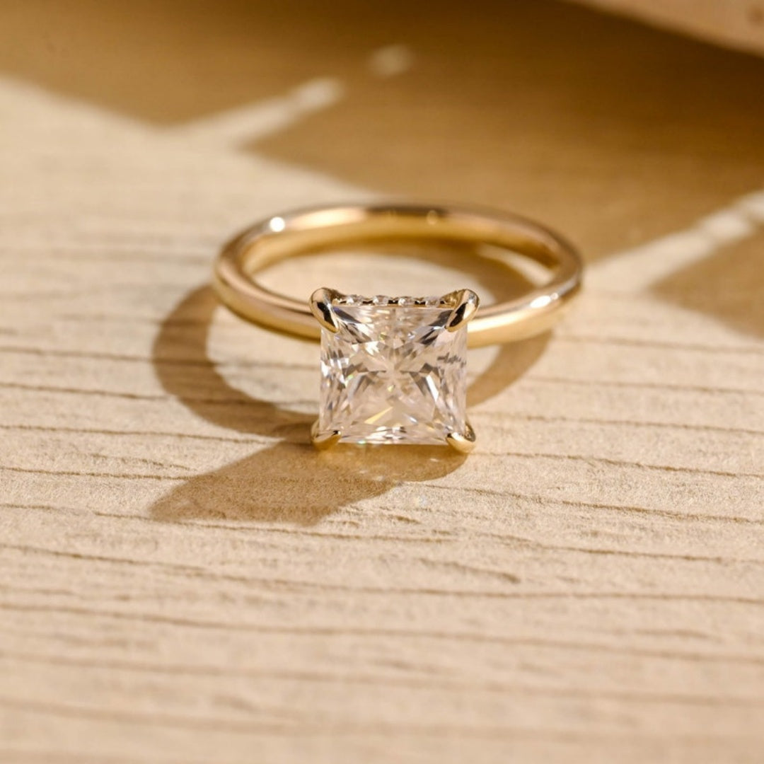 18k Gold Lab Grown Diamond CVD 2CT Princess-Cut Hidden Halo Proposal Ring