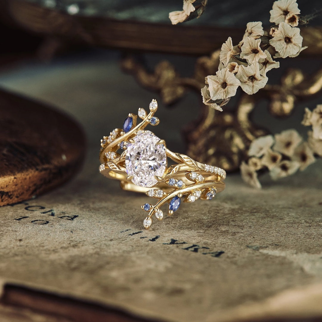 18k Gold Lab Grown Diamond CVD 2CT Oval-Cut Half Eternity Leaf Engagement Ring Set 2pcs