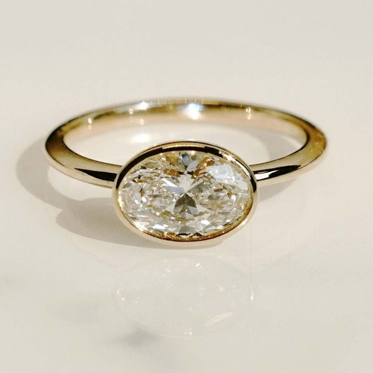10K Gold Lab Grown Diamond CVD 1.5CT Oval-Cut Classic Bezel Setting Engagement Ring