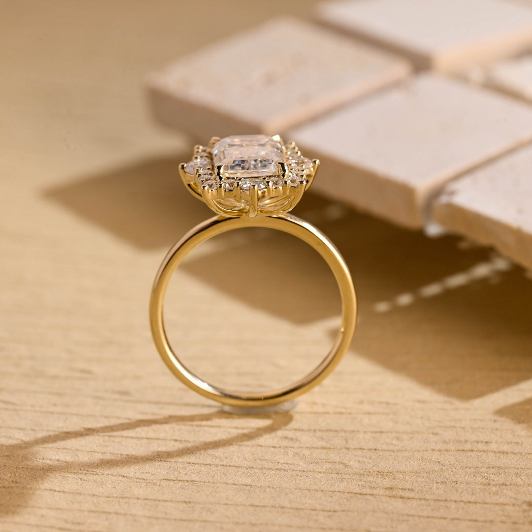 18k Gold Lab Grown Diamond CVD 2CT Emerald-Cut Vintage Halo Floral Proposal Ring