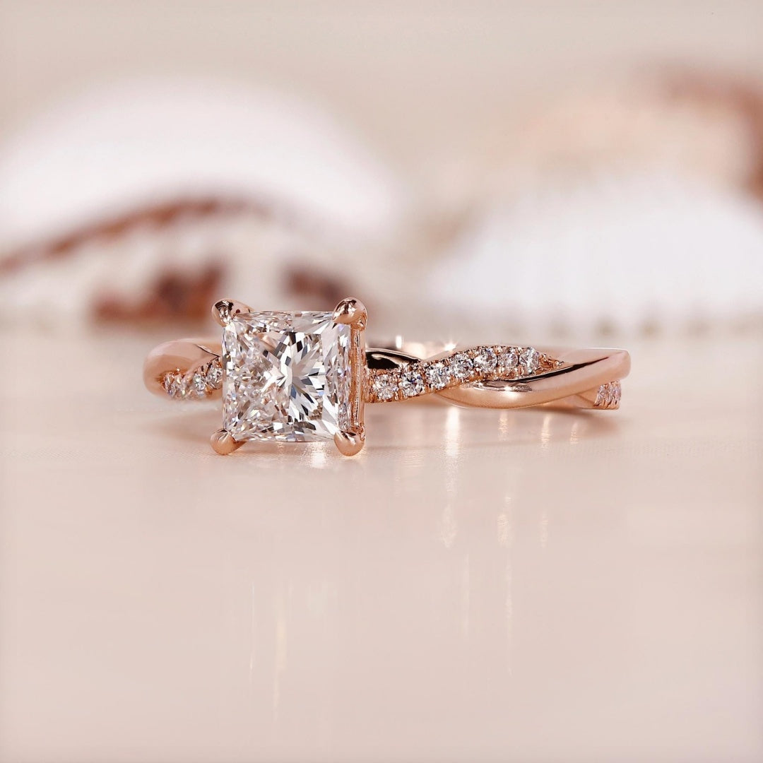 18k Gold Lab Grown Diamond CVD 1CT Princess-Cut Vintage Twist Unique Diamond Pave Promise Ring