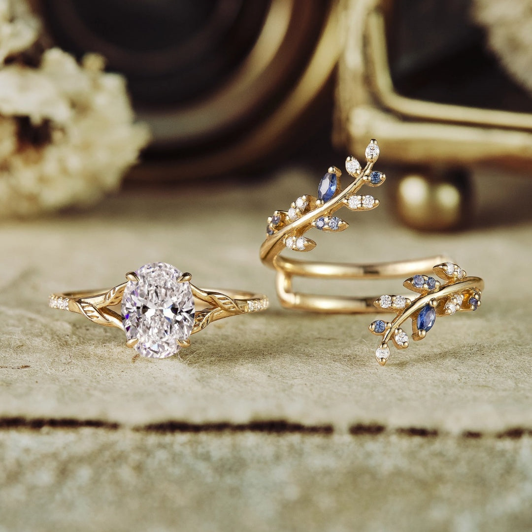 18k Gold Lab Grown Diamond CVD 2CT Oval-Cut Half Eternity Leaf Engagement Ring Set 2pcs
