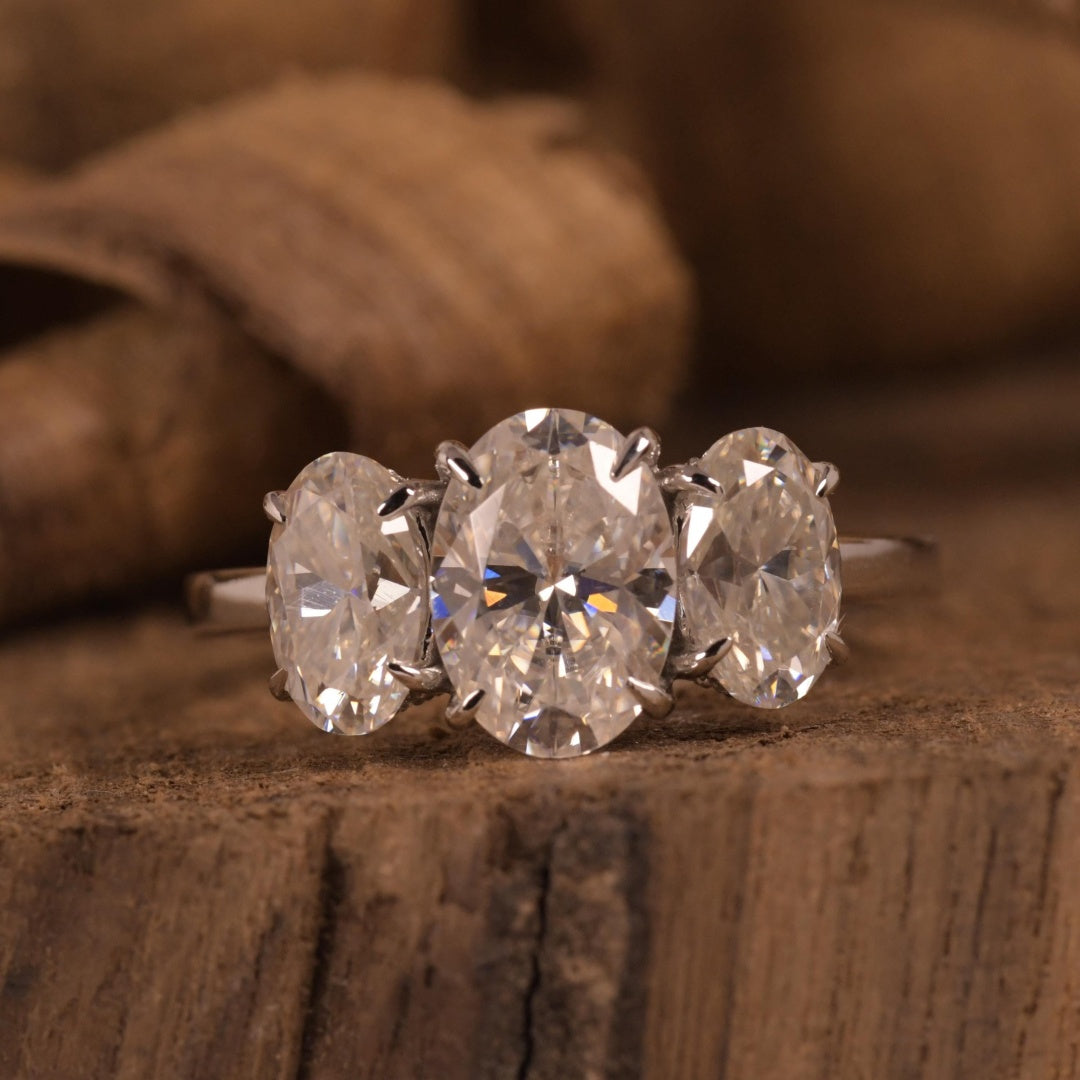 14K Gold Lab Grown Diamond CVD 4CT Ovla-Cut 3-Stones Anniversary Ring For Birthday Gift