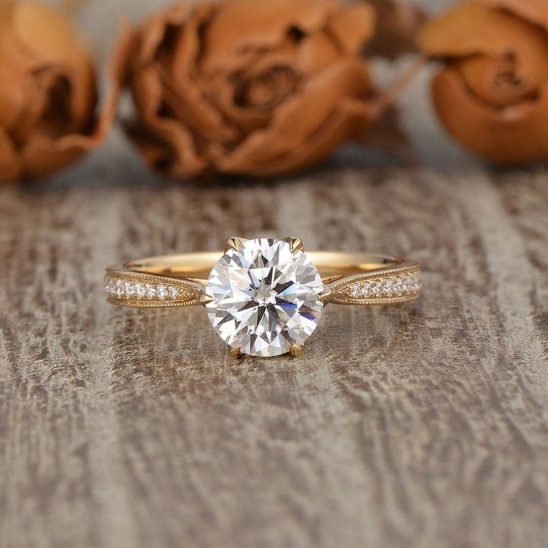 10K Gold Lab Grown Diamond CVD 3CT Round-Cut Six Prongs Flower Star Anniversary Tapered Milgrain Band Antique