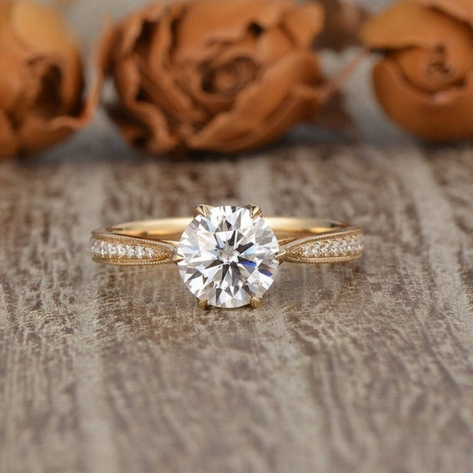 10K Gold Lab Grown Diamond CVD 3CT Round-Cut Six Prongs Flower Star Anniversary Tapered Milgrain Band Antique